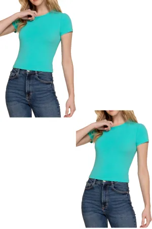 Women's Short Sleeve Crew Neck Crop Top - Soft Cotton Spandex Jersey 2-Pack