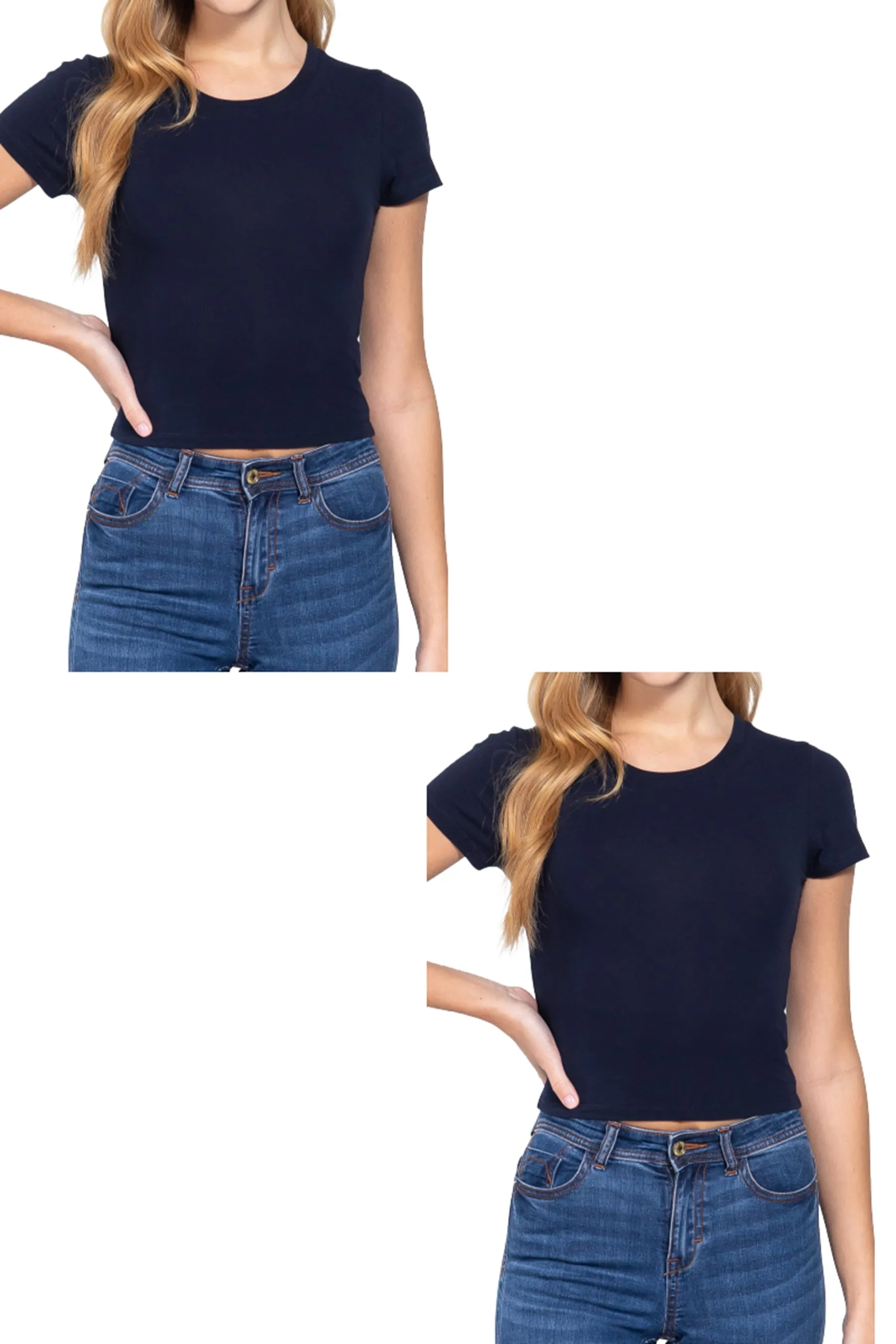 Women's Short Sleeve Crew Neck Crop Top - Soft Cotton Spandex Jersey 2-Pack