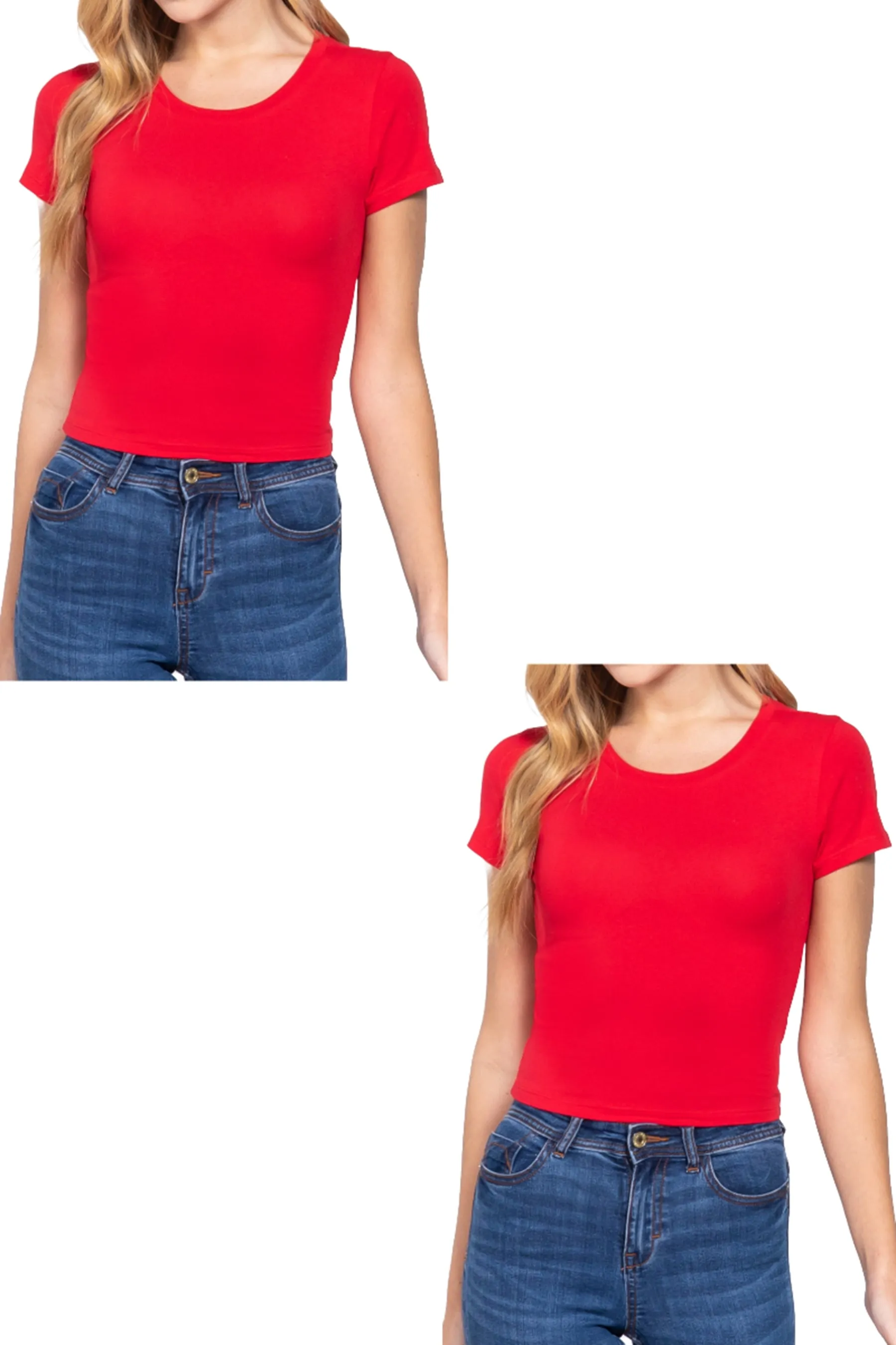 Women's Short Sleeve Crew Neck Crop Top - Soft Cotton Spandex Jersey 2-Pack