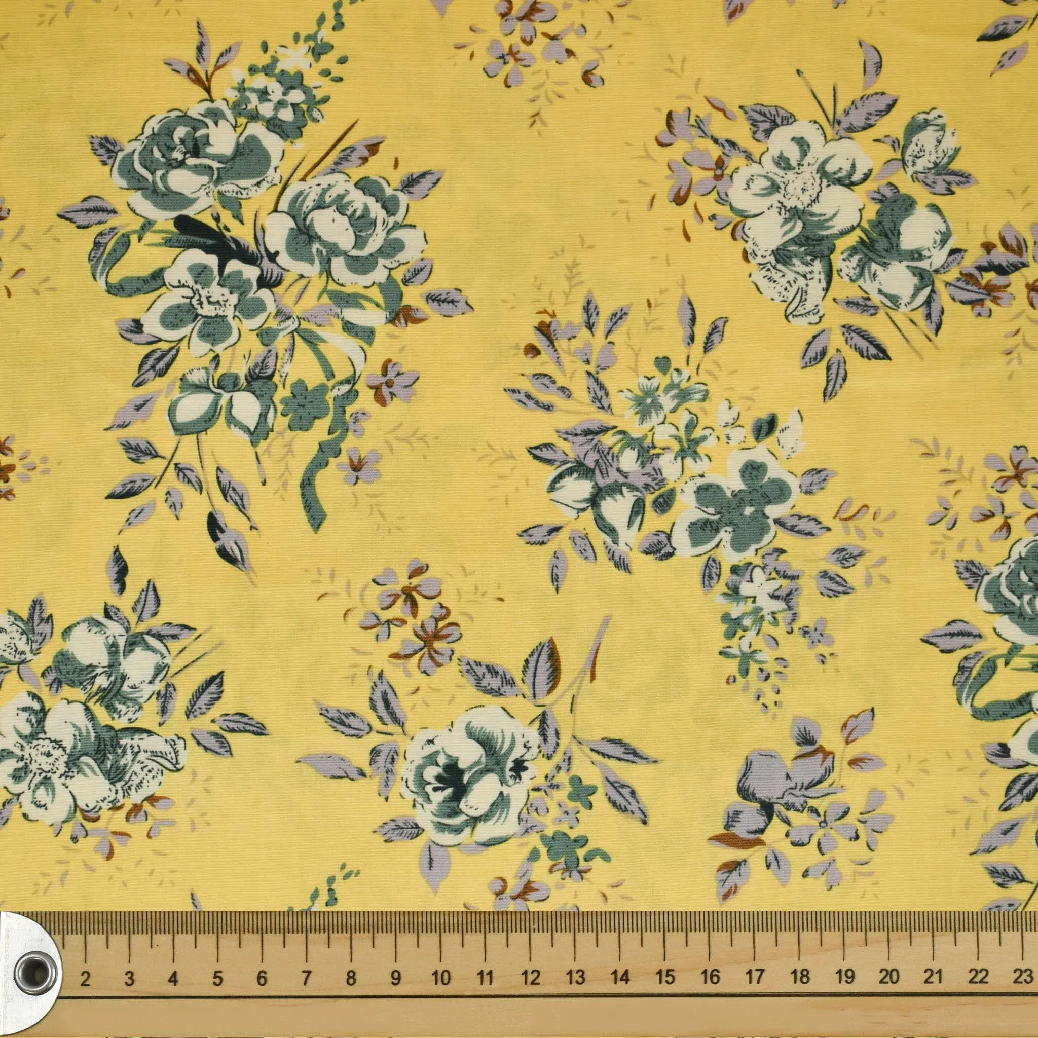 Yellow Teal Painted Flowers Cotton Print